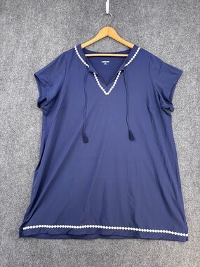 Lands End Blue Tunic Cover Up V Neck Women’s Plus 3X Nautical Coastal Resortwear